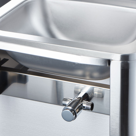 Umywalka z wyłącznikiem kolanowym, kranem i dozownikiem mydła, Gredil